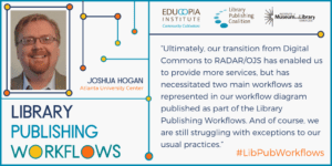Josh Hogan: Ultimately, our transition from Digital Commons to RADAR/OJS has enabled us to provide more services, but has necessitated two main workflows as represented in our workflow diagram published as part of the Library Publishing Workflows. And of course, we are still struggling with exceptions to our usual practices.